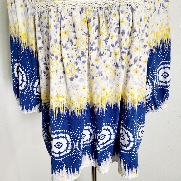 Figueroa & Flower Floral Blue & Yellow  Boho Top, Size Large - Picture 4 of 10